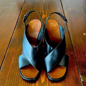Tory Burch Black Leather Heel Wedge Slingback Shoes